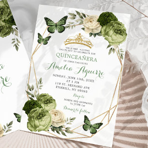 Elegant Sage Green Floral Butterfly Quinceañera Invitation
