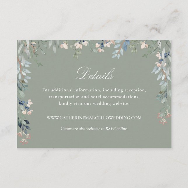 Elegant Sage Green Floral Cacsacde Wedding Details Enclosure Card (Front)