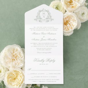 Elegant Sage Green Floral Crest Monogram Wedding  All In One Invitation