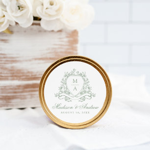 Elegant Sage Green Floral Crest Monogram Wedding Classic Round Sticker