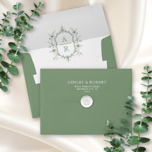 Elegant sage green floral crest monogram wedding envelope