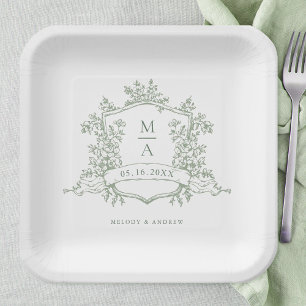 Elegant Sage Green  Floral Crest Monogram Wedding Paper Plate