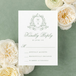Elegant Sage Green Floral Crest Monogram Wedding RSVP Card