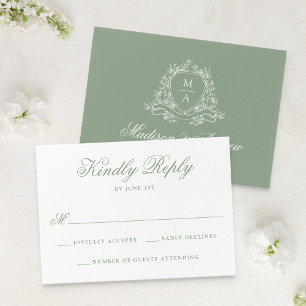 Elegant Sage Green Floral Crest Monogram Wedding RSVP Card