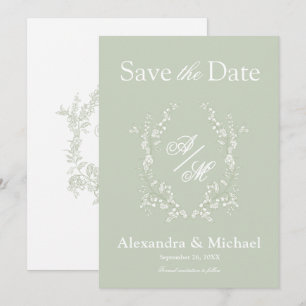 Elegant Sage Green Floral Crest Monogram Wedding Save The Date