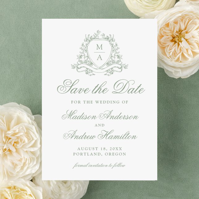 Elegant Sage Green Floral Crest Monogram Wedding Save The Date (Creator Uploaded)