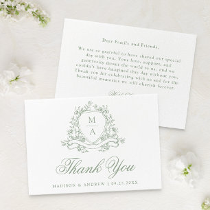 Elegant Sage Green Floral Crest Monogram Wedding Thank You Card