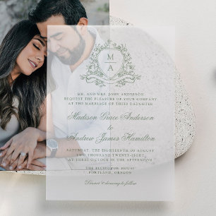 Elegant Sage Green Floral Crest Monogram Wedding Vellum Invitations