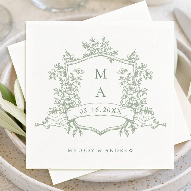 Elegant Sage Green Floral Crest Monograms Wedding Napkin (Creator Uploaded)