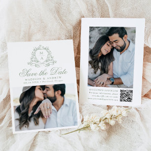 Elegant Sage Green Floral Crest Photo Wedding Save The Date
