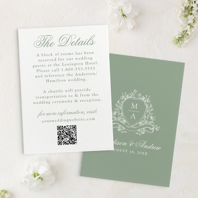Elegant Sage Green Floral Crest Wedding Details Enclosure Card (Creator Uploaded)
