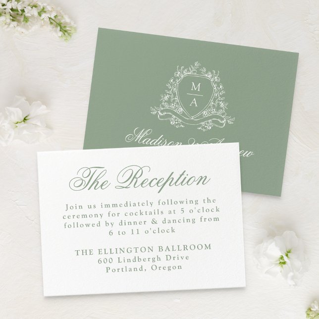 Elegant Sage Green Floral Crest Wedding Reception Enclosure Card (Creator Uploaded)