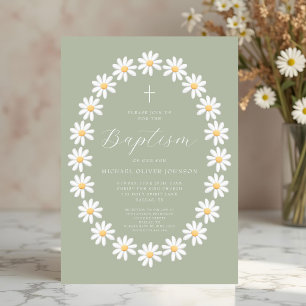 Elegant Sage Green Floral Daisies Baptism Invitation