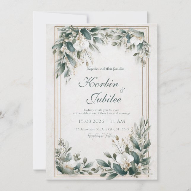 Elegant Sage Green Floral Frame Wedding Invitation (Front)