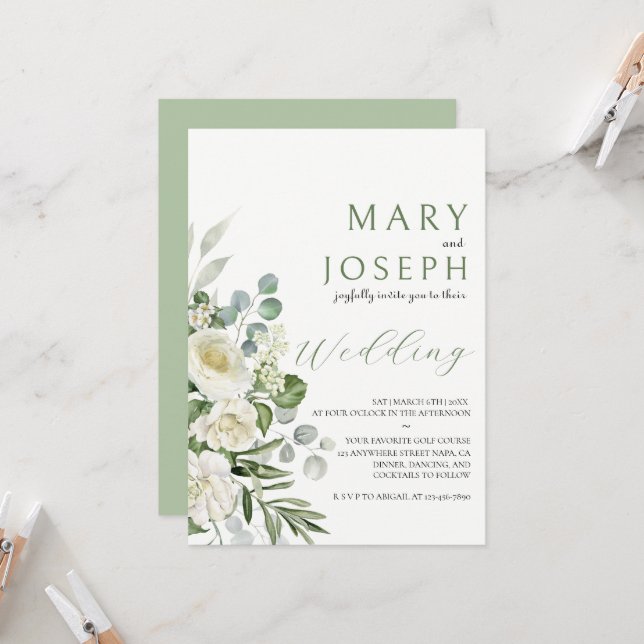 Elegant Sage Green Floral Garden Outdoor Wedding  Invitation (Front/Back In Situ)