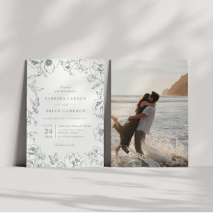 Elegant Sage Green Floral Garden Wedding Photo Invitation