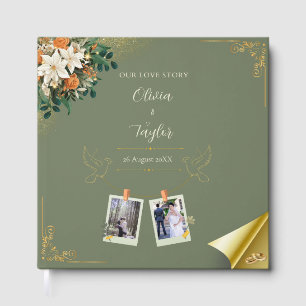 Elegant Sage Green Floral Gold Guest Book