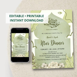 Elegant Sage Green Floral Iftar Dinner Invitation