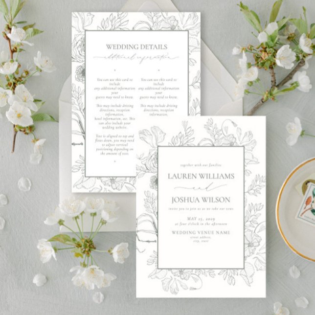 Elegant Sage Green Floral Line Art Details Wedding Invitation (Creator Uploaded)