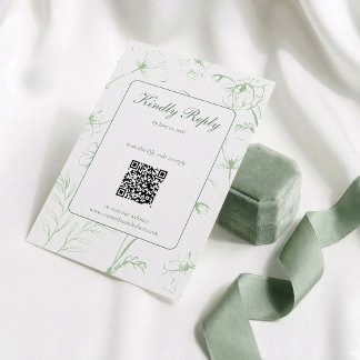 Elegant Sage Green Floral Line Art QR Code Wedding RSVP Card