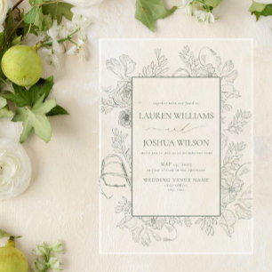 Elegant Sage Green Floral Line Art Wedding Acrylic Invitations