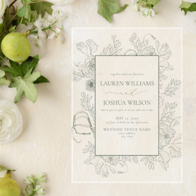 Elegant Sage Green Floral Line Art Wedding Acrylic Invitations (Creator Uploaded)