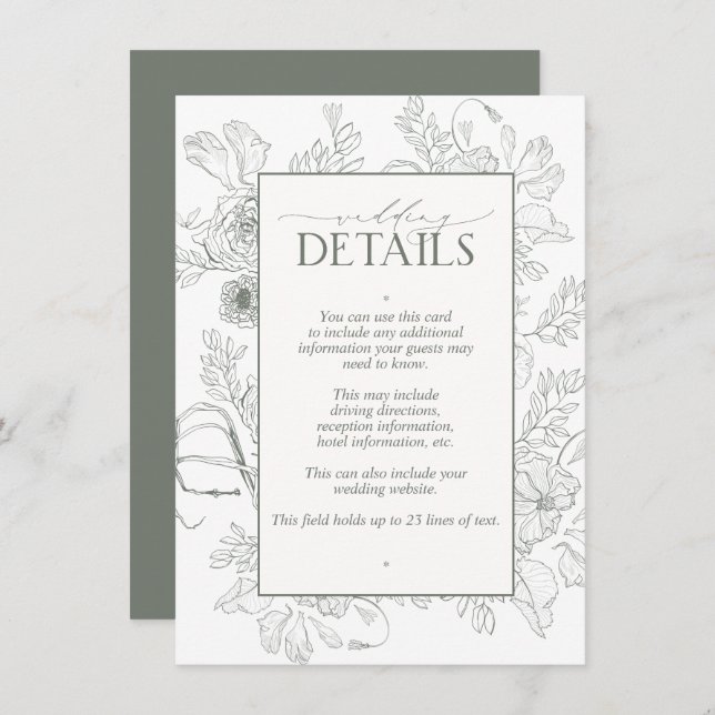 Elegant Sage Green Floral Line Art Wedding Details Enclosure Card (Front/Back)