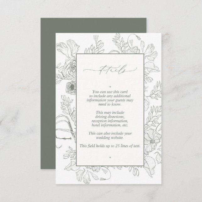 Elegant Sage Green Floral Line Art Wedding Details Enclosure Card (Front/Back)