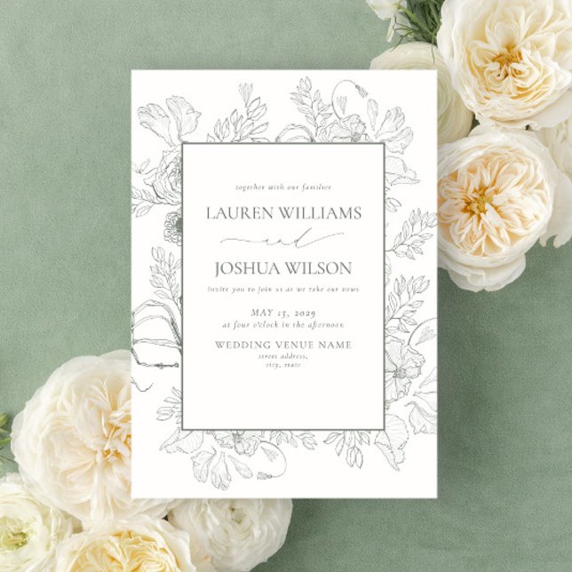 Elegant Sage Green Floral Line Art Wedding Invitation (Creator Uploaded)