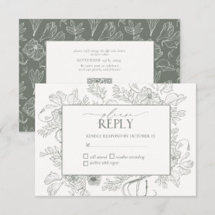 Elegant Sage Green Floral Line Art Wedding RSVP Card