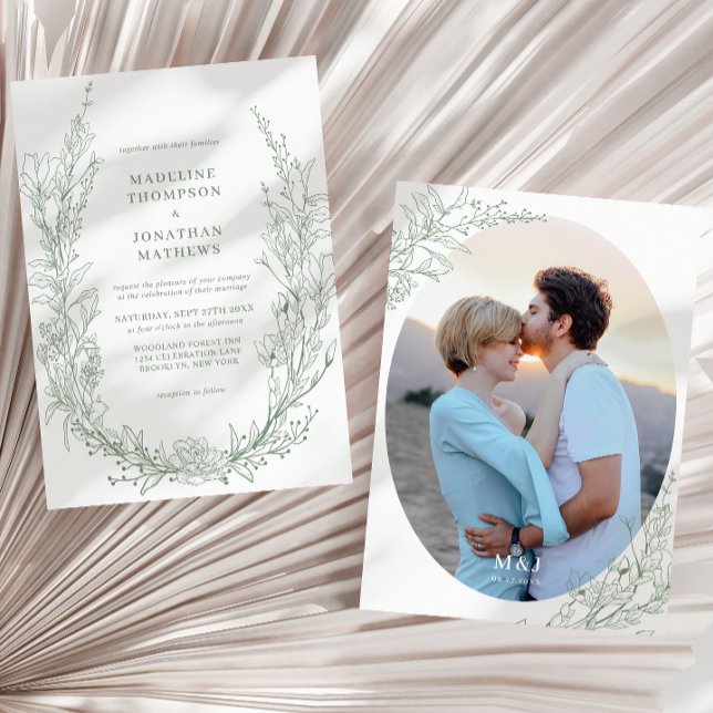 Elegant Sage Green Floral Monogram Photo Wedding Invitation (Creator Uploaded)