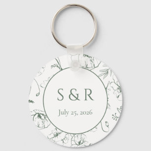 Elegant Sage Green Floral Monogram Wedding Favour Key Ring