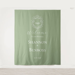 Elegant Sage Green Floral Monogram Wedding Welcome Tapestry