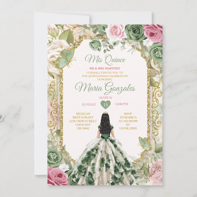 Elegant Sage Green Floral Princess Gold Mis Quince Invitation (Front)
