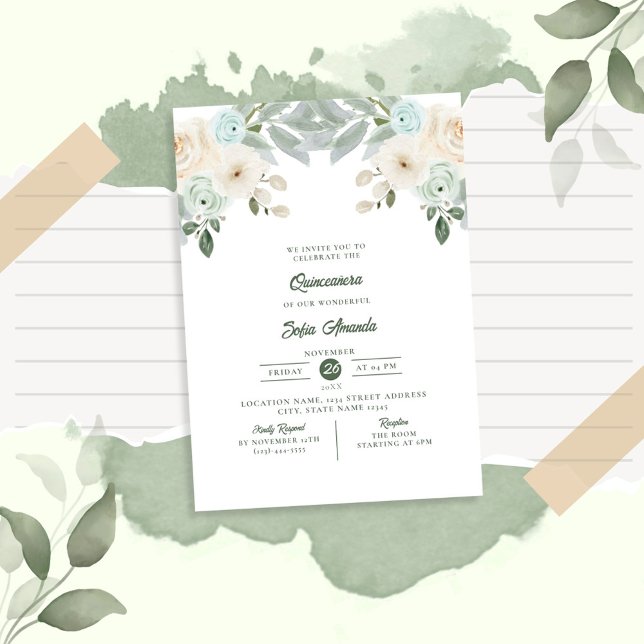 Elegant Sage Green Floral Princess Quinceañera Invitation (Creator Uploaded)