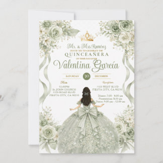 Elegant Sage Green Floral Quinceañera Bow Gown Invitation