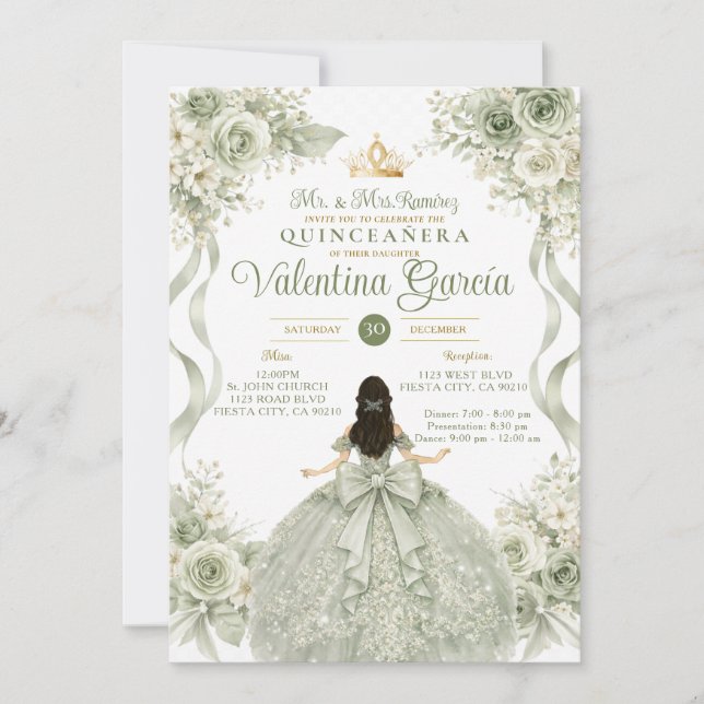 Elegant Sage Green Floral Quinceañera Bow Gown Invitation (Front)