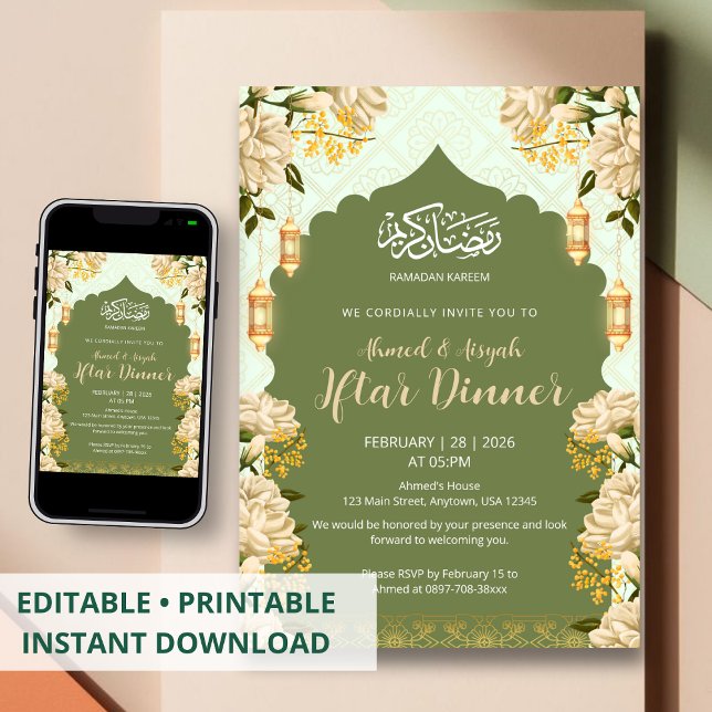 Elegant Sage Green Floral Ramadan Kareem Iftar Invitation (Creator Uploaded)