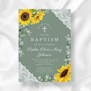 Elegant Sage Green Floral Religious Baptism Invitation