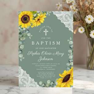 Elegant Sage Green Floral Religious Baptism Invitation