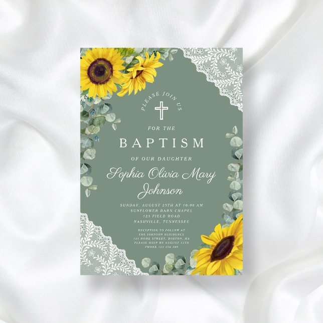 Elegant Sage Green Floral Religious Baptism Invitation (Elegant Sage Green Floral Religious Baptism Invitation)