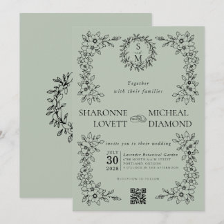 Elegant Sage Green Floral Romantic Garden Wedding  Invitation