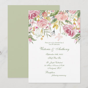 Elegant Sage Green Floral Script Wedding Invitation