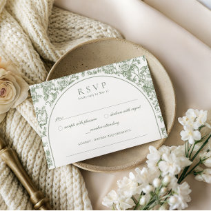 Elegant Sage Green Floral Toile Arch Wedding RSVP Enclosure Card