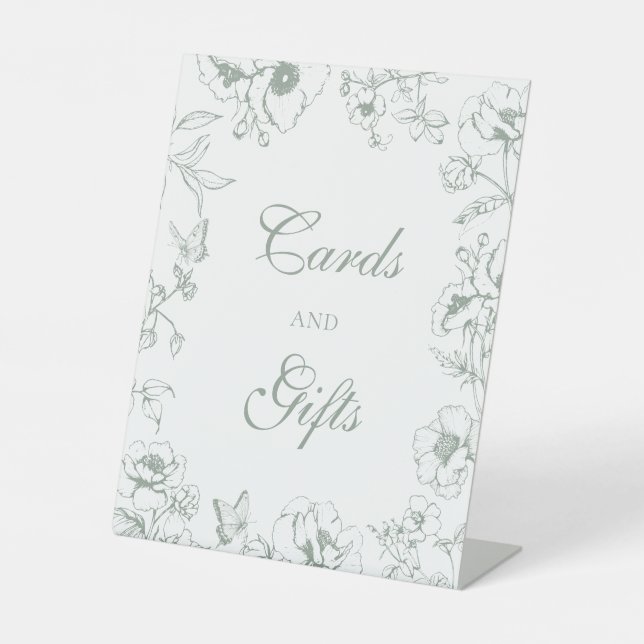 Elegant Sage Green Floral Wedding Cards Gifts  Pedestal Sign (Front)