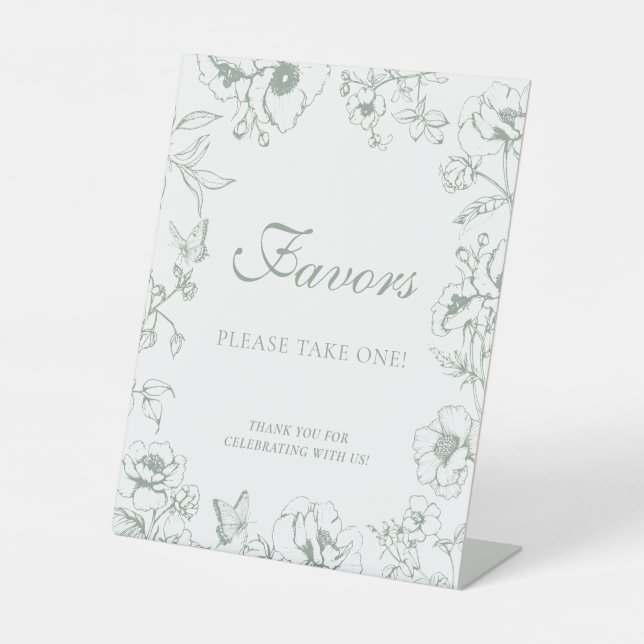 Elegant Sage Green Floral Wedding Favors Pedestal Sign (Front)