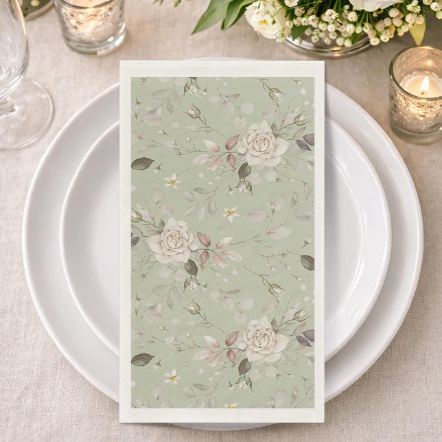 Elegant Sage Green Floral Wedding Guest Towel Napkin (Creator Uploaded)
