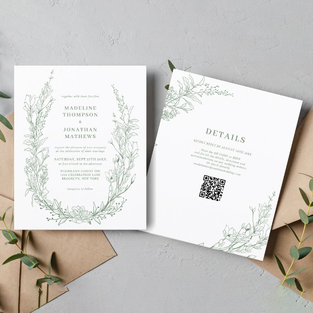 Elegant Sage Green Floral Wreath QR Code Wedding (Creator Uploaded)