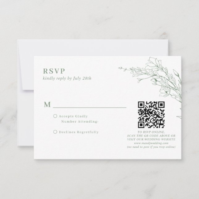 Elegant Sage Green Floral Wreath QR Code Wedding RSVP Card (Front)
