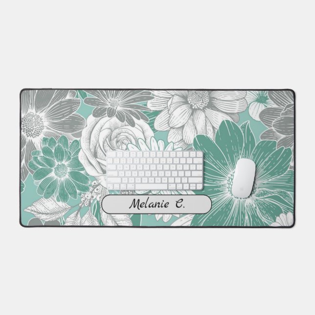 Elegant Sage Green Florals Desk Mat (Keyboard & Mouse)